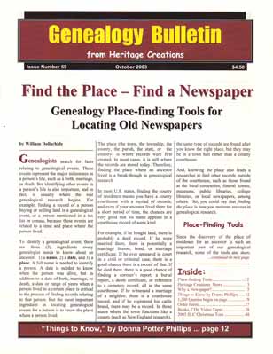Find the Place - Find a Newspaper - Genealogy Place-finding Tools for Locating Old Newspapers - Genealogy Bulletin 59 - October 2003